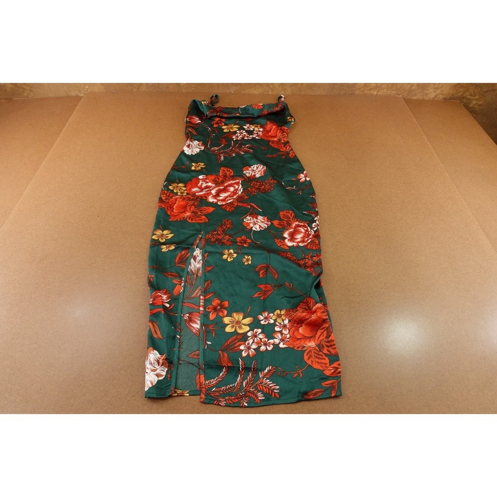 Pretty Little Thing Womens 0 Green Floral Satin Strappy Cowl Neck Midi Dress NWT